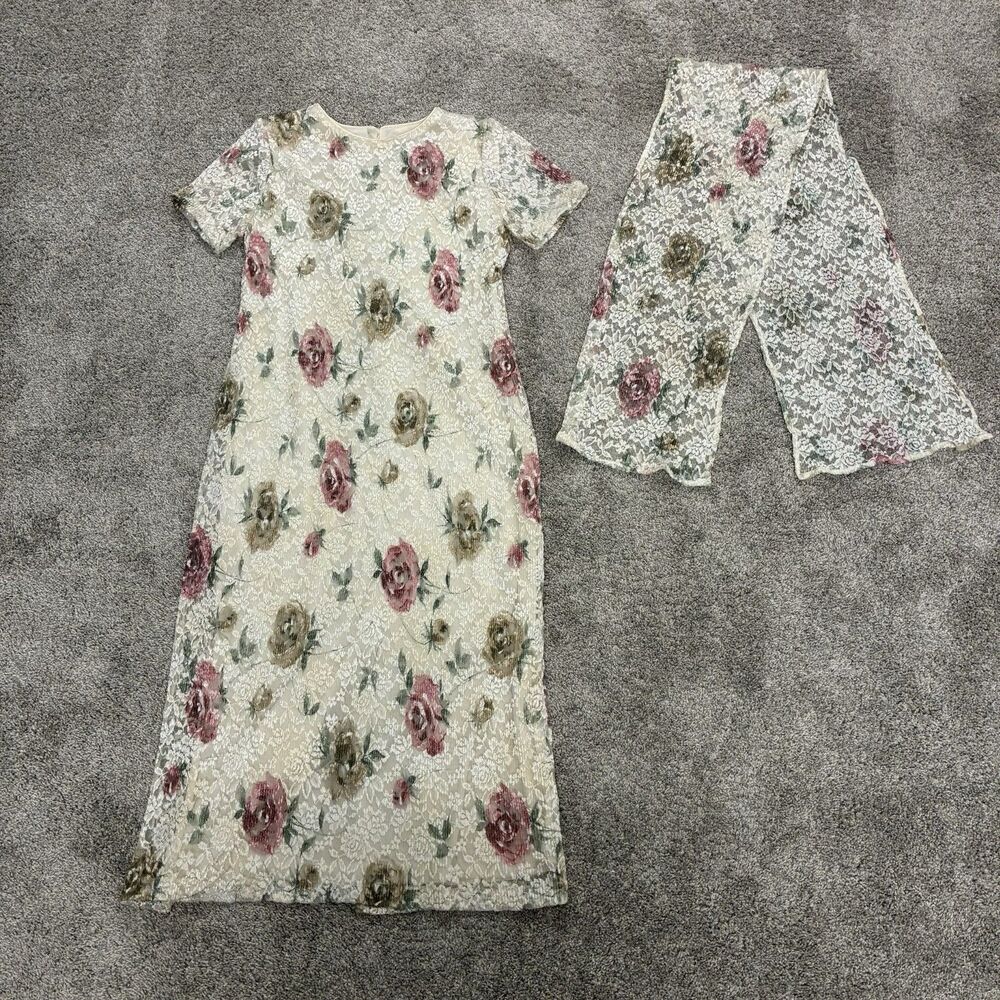 VTG Teddi Floral Lace Midi Dress w/ Wrap Size 10 Ivory Roses 90’s Y2K Romantic